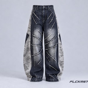 Dark Denim Wide Leg Jeans, Grey Camo Panels, Curved Seam Detailing (Unisex)