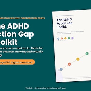 May include: A 23-page PDF digital download titled The ADHD Action Gap Toolkit. The workbook cover features dark teal background text, a white page with a diagonal line graph, and colourful circular icons labelled F, W, O, A, and D.
