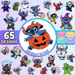 May include: A collection of 65 digital graphic designs featuring the blue alien character Stitch dressed in various Halloween costumes, including a pumpkin, ghost, witch, and horror movie characters, with text labels for SVG, PNG, DXF, and EPS files.