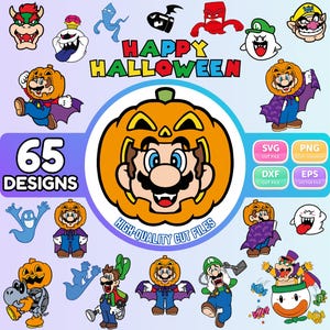 以下が含まれることがあります： カボチャの衣装を着たキャラクター、幽霊、モンスターが登場する65種類のハロウィーンをテーマにしたグラフィックデザインのデジタルコレクション。HAPPY HALLOWEEN、65 DESIGNS、HIGH-QUALITY CUT FILESの文字と、SVG、PNG、DXF、EPSファイル形式のラベルが含まれています。