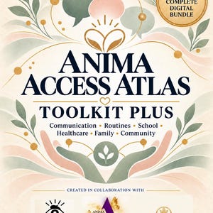 以下が含まれることがあります： ANIMA ACCESS ATLAS TOOLKIT PLUSと記されたデジタルバンドルの表紙。85-PAGE COMPLETE DIGITAL BUNDLEの文字があり、緑、ピンク、ゴールドの落ち着いた色調で、様式化された手、葉、吹き出しが描かれています。下部にはVisus Studios、Anima Speaks Foundation、Aeternallyのロゴがあります。