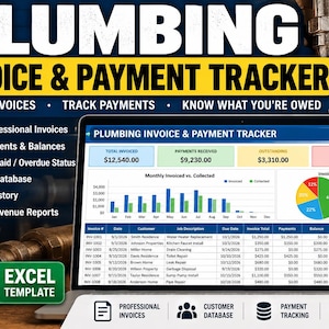May include: A digital plumbing invoice and payment tracker Excel template displayed on a laptop screen. The interface features a dashboard with financial summaries, a bar chart for monthly revenue, and a detailed table tracking invoice status.