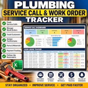 May include: A digital plumbing service call and work order tracker spreadsheet displayed on a laptop screen. The dashboard features charts, status metrics, and a detailed table for tracking customers, technicians, payments, and follow-up reminders.