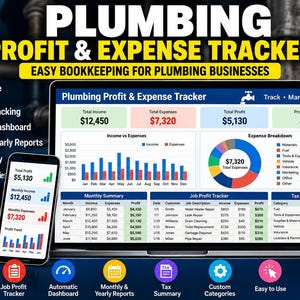 May include: A digital plumbing profit and expense tracker displayed on a laptop and smartphone screen. The interface features charts, tables, and financial data including total income, expenses, and profit. Text includes Plumbing Profit & Expense Tracker.