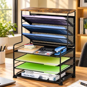 May include: A black metal desk organizer with a wood-grain top shelf, three slanted upper file slots, and three flat lower trays. The organizer holds colorful file folders, a calculator, a stapler, a notebook, and a book titled OPEN WATER.