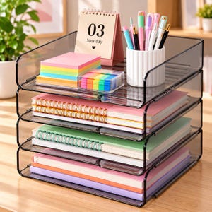 May include: A four-tier stackable desk organizer made of translucent dark gray acrylic. The organizer holds spiral-bound notebooks, stacks of colorful sticky notes, a small clear box of page markers, a white fluted pen holder, and a desk calendar.