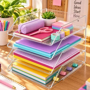 May include: A four-tier clear acrylic desk organizer holding various office supplies including a purple pencil case, pink scissors, colorful sticky notes, washi tape rolls, notebooks, and folders in shades of pink, blue, yellow, and purple.