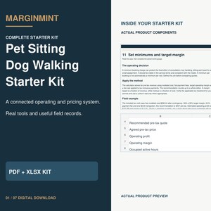 Peut inclure: Un kit de démarrage numérique pour la garde d'animaux et la promenade de chiens par MARGINMINT, incluant des fichiers PDF et XLSX. Il présente des sections sur les marges cibles, les décisions opérationnelles et un tableau financier.