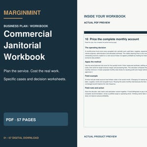 May include: A 57-page digital workbook titled Commercial Janitorial Workbook by MARGINMINT. The dark blue cover features white text, while the right side displays a preview of a page titled 10 Price the complete monthly account.