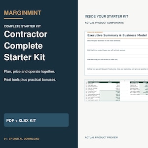 以下が含まれることがあります： MARGINMINTによるPDFおよびXLSX形式のデジタル請負業者スターターキット。このドキュメントには、エグゼクティブサマリー、ビジネスモデルワークシート、および計画、価格設定、運用のための利益確認スプレッドシートが含まれています。
