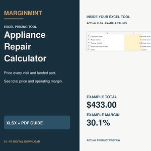 May include: A digital Excel pricing tool for appliance repair, featuring a dark blue background with white text. It includes an example spreadsheet preview, a total price of $433.00, a 30.1% margin, and an XLSX + PDF guide download button.