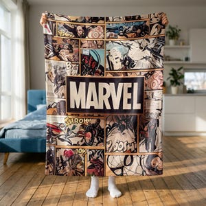 Marvel stripdeken, fleece plaid met superheldenprint, Marvel collage deken, cadeau voor stripfans, superhelden kamerdecoratie, knusse plaid voor Marvel-fans