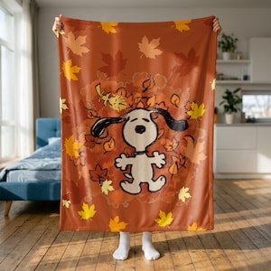 Snoopy höstlövfilt, hösttecknad fleecepläd, Peanuts-fanpresent, mysig höstfilt för barn, Snoopy Woodstock-pläd, sovrumsinredning