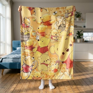 Winnie The Pooh Blanket, Hunny Pot Fleece Throw, Cute Pooh Bear Blanket, Pooh Fan Gift, Honeycomb Nursery Decor, Kids Cozy Throw