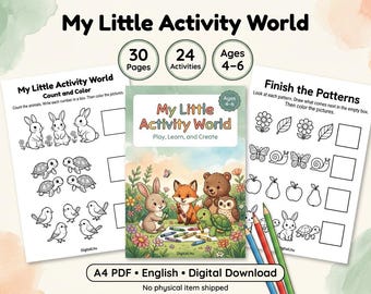 May include: A digital activity book titled My Little Activity World featuring 30 pages and 24 activities for ages 4-6. The set includes worksheets with animal counting, coloring tasks, and pattern completion exercises alongside colored pencils.