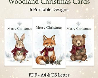 Printable Christmas Cards Set of 6, Foldable 4x6 Greeting Cards, A4 & US Letter PDF