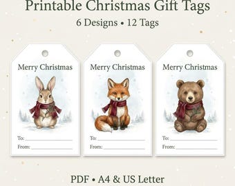 Printable Christmas Gift Tags, 6 Designs, 12 Tags, A4 & US Letter PDF