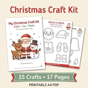 Puede incluir: Un kit de manualidades navideñas en PDF A4 imprimible con 15 proyectos de papel. La portada muestra un Santa Claus, un reno y un muñeco de nieve a color. Las páginas incluyen contornos en blanco y negro para recortar.