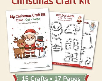 Printable Christmas Craft Kit for Kids | 15 Color, Cut and Paste Activities | 17-Page A4 PDF