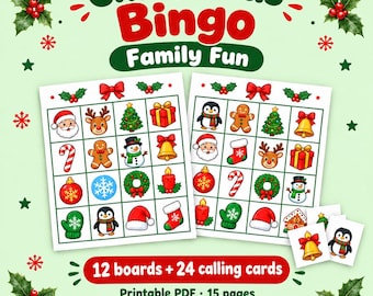 May include: Christmas Bingo game set featuring two grid boards and two small calling cards with festive icons like Santa, reindeer, snowmen, and gifts. The text reads Christmas Bingo Family Fun, 12 boards + 24 calling cards, Printable PDF, 15 pages, DigitalLhu.