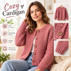 May include: A dusty rose long-sleeve cardigan featuring a textured knit pattern, a round neckline, and five brown buttons down the front. The garment includes ribbed cuffs and a ribbed hem, with a full view and close-up details of the texture and buttons.