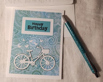 Handmade Birthday Card, Handmade Cards, Birthday, Bicycle Cards, Greeting Cards, Hand Stamped, Embossed Envelope