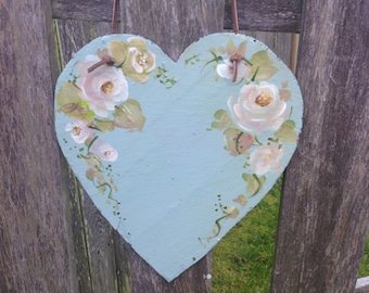 Aqua Green Heart  Shape Rose  Slate Hanger w\ Leather Rope