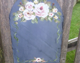 Charcoal Grey  Slate with Pink &  Mauve \ Cranberry  Roses  with Moss Green   Leaves