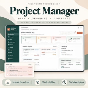 Op de afbeelding: Een digitaal projectmanagement dashboard genaamd Project Manager, met secties voor actieve projecten, taken en budgetoverzichten. De lay-out bevat een zijbalkmenu, voortgangsbalken en een Focus Now-venster met takenlijsten. Tekst bevat: Plan, Organize, Complete, Instant Download.