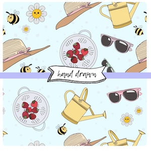 Summer Pickin’s Seamless Pattern | Picnic Strawberries, Bees, Daisies & Summer Accessories – Digital Download