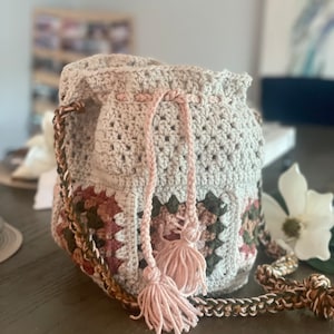Crochet Granny Square Drawstring Bucket Bag, Crochet Purse, Crochet Boho Bag, Drawstring Bag Ready to Ship