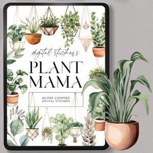 Stickers numériques Plant Mama | 60 cliparts de plante d'intérieur PNG | Stickers verdure bohème pour agendas, sublimation, journaux, travaux manuels