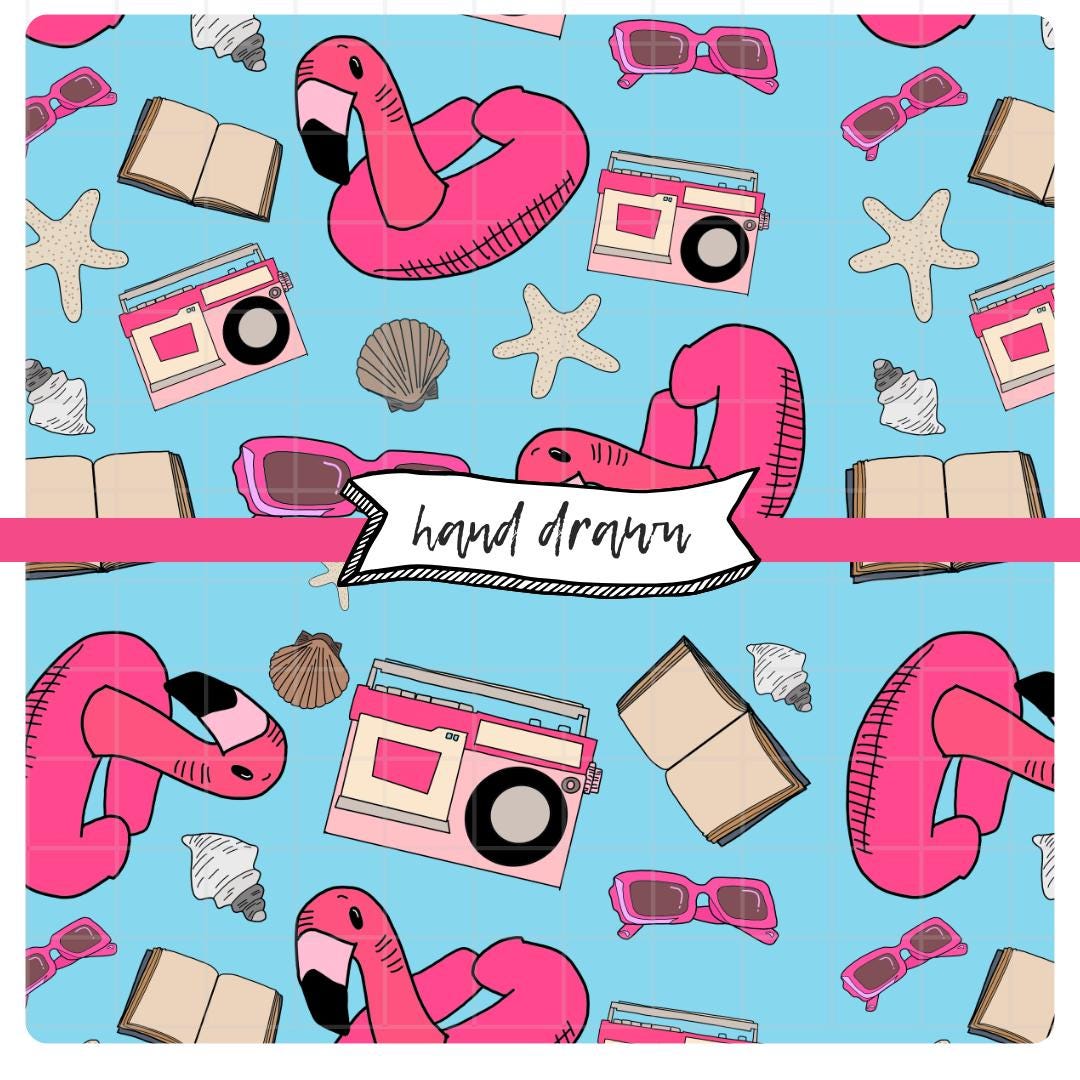 Patterned Floaties Flamingo Summer Seamless Pattern | Retro Floaties, Radios, Sunglasses ...