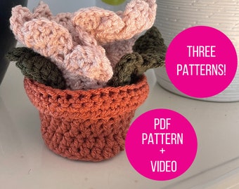 Monstera Leaf Crochet Pattern, Flowers Pattern + Terra Cotta Pot Pattern | THREE in ONE (PDF and link to Leaf Tutorial) | Crochet Monstera