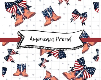 Stars and Boots Seamless Pattern | Patriotic Cowgirl Boots with USA Bows – PNG for Sublimation, Stickers, Fabric and More | American Proud