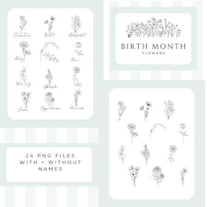 Birth Flower Bouquet Download Month Flower Download Editable Birth Month Gift Unique Handmade Birthday Flower 24 PNGs With & Without Names