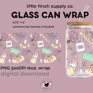 May include: A glass can wrap with a wooden lid and straw, featuring a repeating pattern of kitchen items like bread, pots, and oven mitts. The text "GLASS CAN WRAP" and "9.75" x 5"" is displayed. The words "digital download" are also visible.