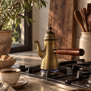 Pode incluir: Uma cafeteira de latão em estilo vintage com um cabo longo de madeira escura e um bico pequeno e pontiagudo. A cafeteira está sobre uma boca de fogão a gás preta com uma chama azul visível, apresentando corpo cilíndrico e tampa.