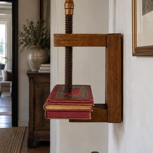 Op de afbeelding: Een aan de muur gemonteerde houten boekenpers met een verticaal schroefmechanisme en een afgeronde handgreep. De pers houdt twee gestapelde boeken met rode kaften en goudkleurige paginaranden vast tussen de horizontale houten armen.