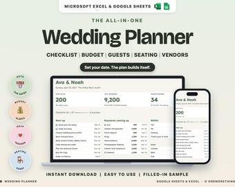 Hochzeitsplaner-Vorlage (Google Sheets, Excel), Budgettabelle für die Hochzeit, Gästeliste (RSVP), Sitzplan, Checkliste für die Hochzeit