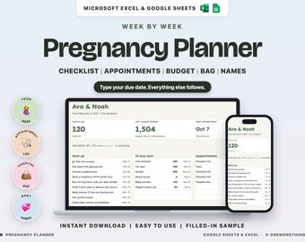 Schwangerschaftsplaner (Google Tabellen, Excel), Schwangerschafts-Tracker, Terminkalender für Vorsorgeuntersuchungen, Babybudget, Checkliste für die Kliniktasche, Babynamen
