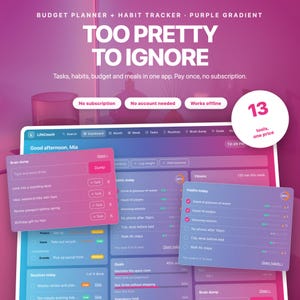 Budget Planner & Habit Tracker | Purple Gradient Planner App, Tasks, Meals (Offline Digital Download)