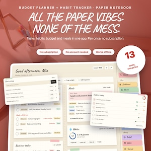 Budget Planner & Habit Tracker | Ruled Notebook Planner App, Tasks, Meals (Offline HTML File)