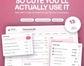 Pinkfarbene ADHS-Lebensplaner-App | Pastellfarbene Aufgaben, Gewohnheiten, Budget (Digitaler Download)