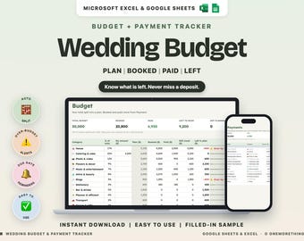Hochzeitsbudget-Tabelle (Google Sheets, Excel), Zahlungsübersicht für die Hochzeit, Ausgabenübersicht für die Hochzeit, Vorlage für einen Hochzeitsbudgetplaner