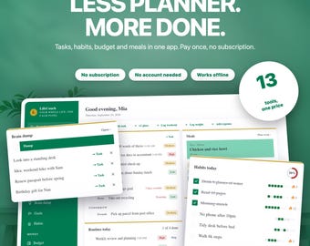 Minimalistische Jadegrüne Planer-App | Aufgaben, Gewohnheiten, Budget, Mahlzeiten (Offline-Download)