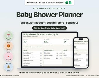Babyparty-Planer (Google Tabellen, Excel), Checkliste für die Babyparty, Gästeliste (RSVP), Geschenkübersicht, Budget, Partyplaner
