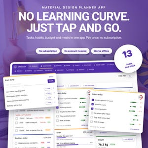 Levensplanner-app in Material Design | Taken, Gewoonten, Budget, Maaltijden (Offline HTML-bestand)