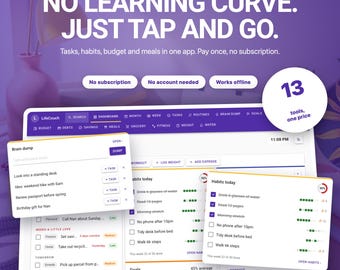 Material Design Lebensplaner-App | Aufgaben, Gewohnheiten, Budget, Mahlzeiten (Offline-HTML-Datei)