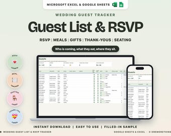 Vorlage für die Gästeliste (Google Sheets, Excel), RSVP-Tracker, Sitzplaner, Menüauswahl und Dankeskarten-Tracker